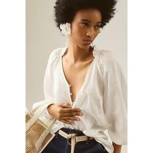 Anthropologie Maeve The Audie Linen Puff Sleeve Blouse